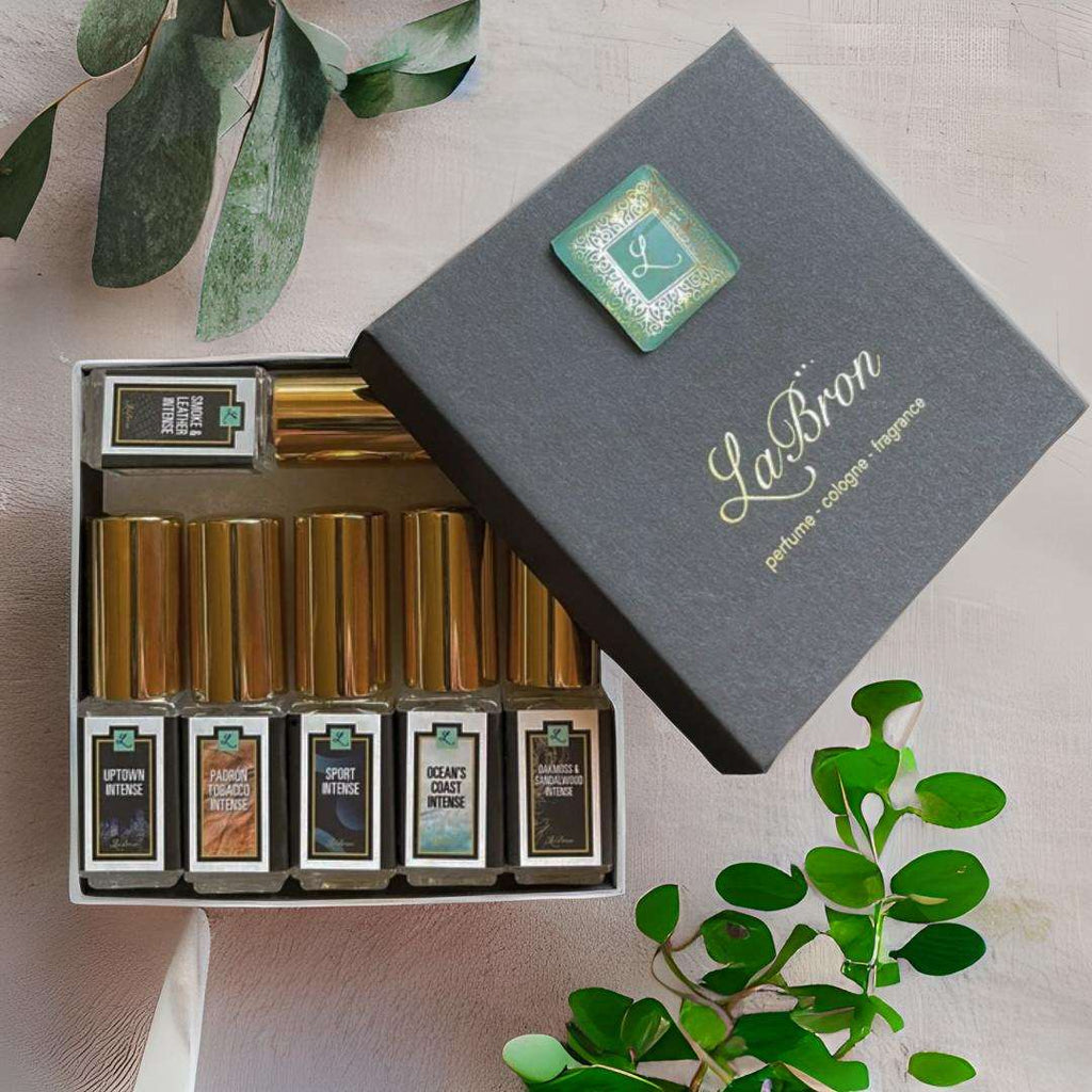 Labron Perfumes Cologne intense Sample Set with your choice of any 6 cologne intense collection you like! The box is black with the default green lettering of the label and it's all combined with a leave background.