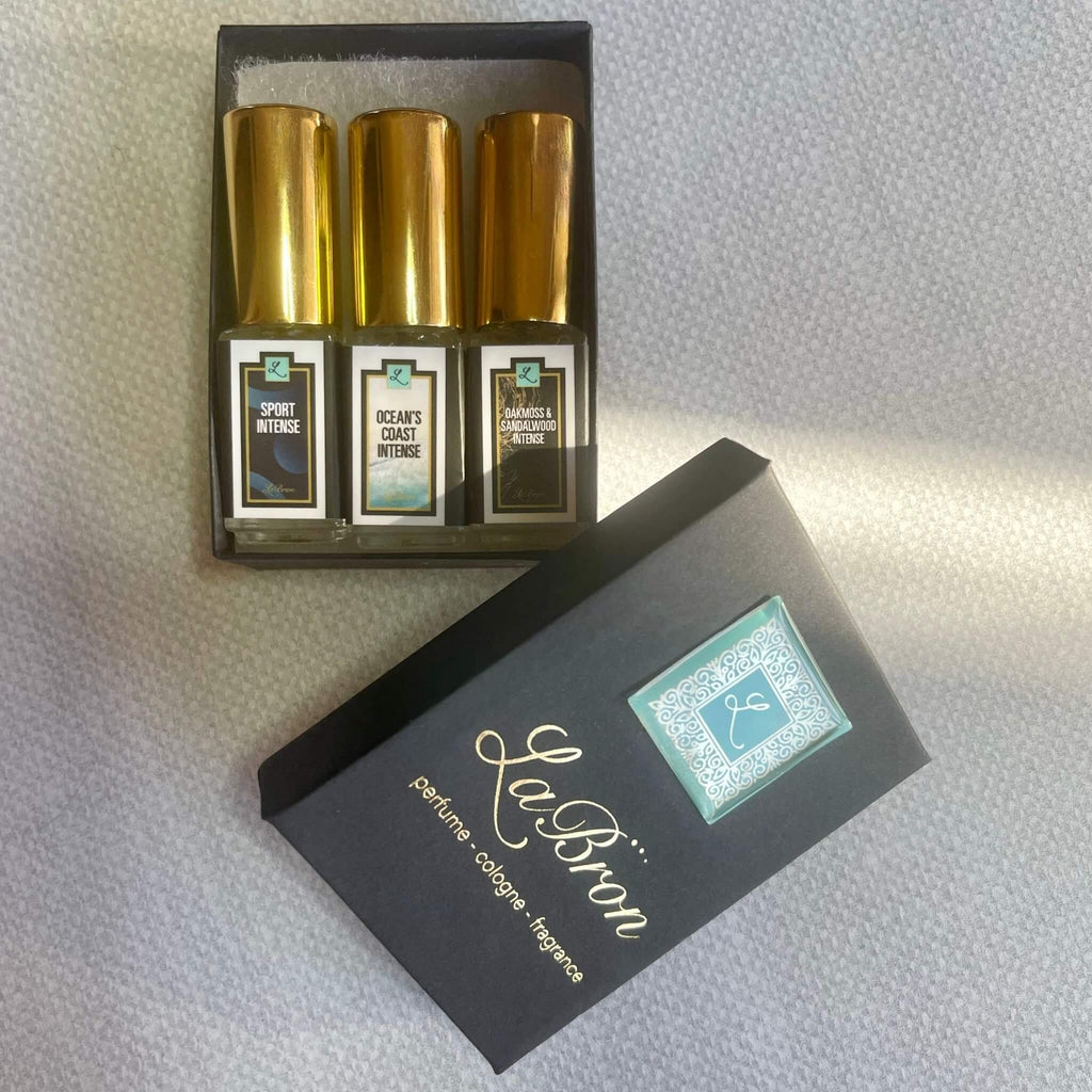 Labron Perfumes Cologne intense Sample Set with your choice of any of the 3 cologne intense collection you like! A penny is shown on the product photo to showcase the size of the box and a white background.