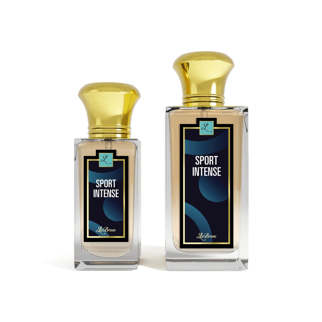 LaBron Sport Cologne Intense for Men two bottles are 1.7 & 3.4 oz lined up from smallest to biggest. The background is white.