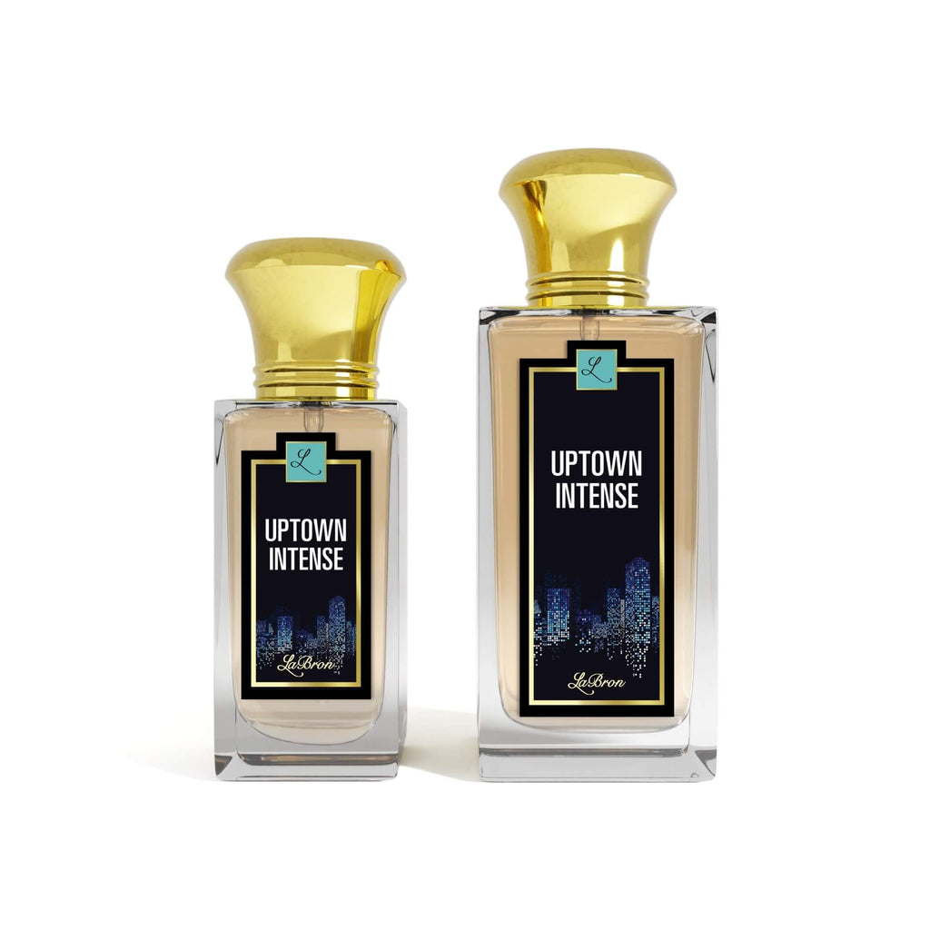 Two Uptown Intense products captivates a night outgoing scent. This products shows a white background with a blue Dallas City lights background on the label with white lettering.