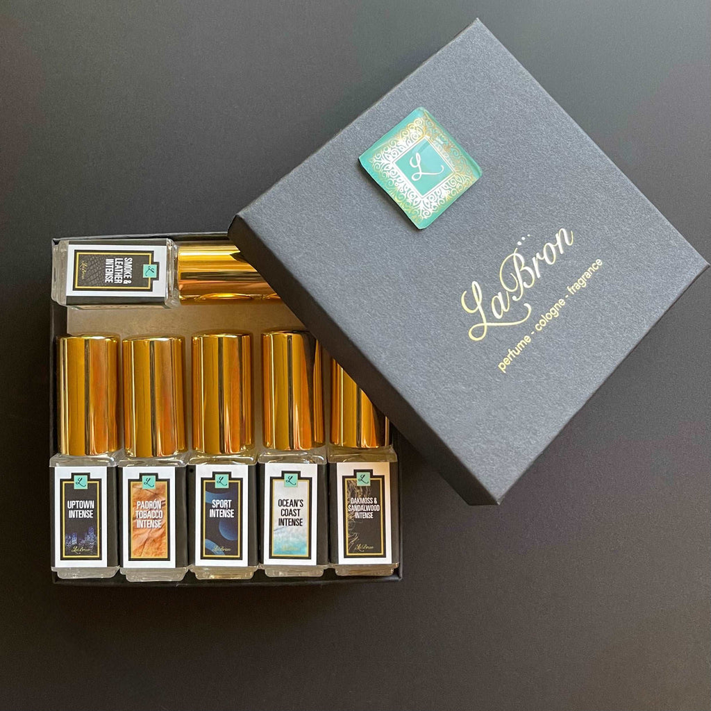 Labron Perfumes Cologne intense Sample Set with your choice of any of the 3 cologne intense collection you like! This product shows an example of the set of 6, sample set and a black box and background.