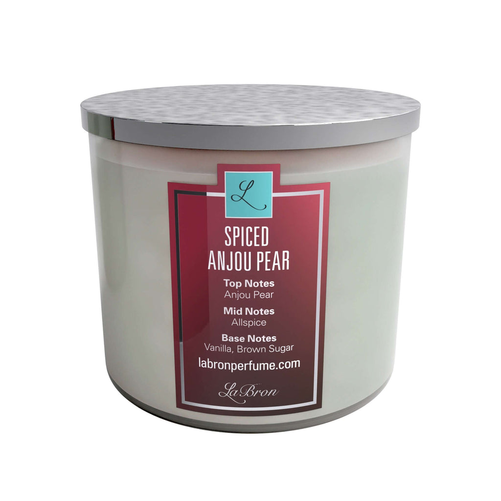 Spice Anjou Pear Candle presented as a product with a white background. Label signifying the Labron Perfume at the top of the label with top,mid, and base notes below!