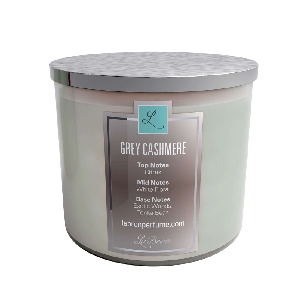 Grey Cashmere Candle showcasing their top notes, mid and base notes on their label with a white background.