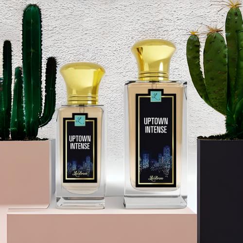 LaBron Sport Cologne Intense for Men two bottles are 1.7 & 3.4 oz lined up from smallest to biggest. The background is white and the products are held up on pink objects and cactuses surrounding the products.