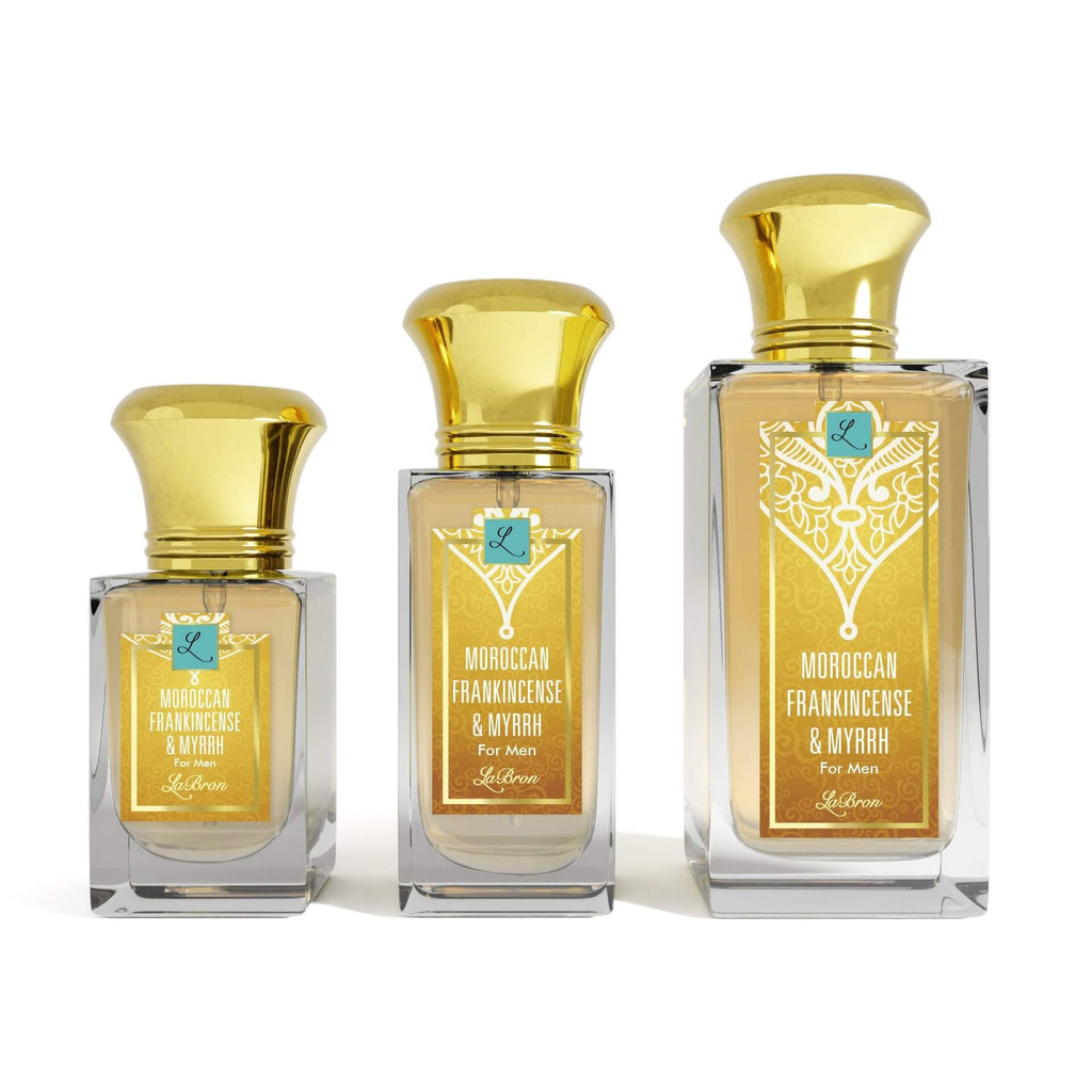 Three sizes of the Moroccan Frankincense & Myrrh laid out in a line with a white background. The label shows a a gold moroccan style with a white background with "Labron" on their label.