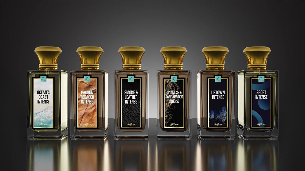 All of Cologne intense collection lined up and show a reflective base of the photo with a black background.