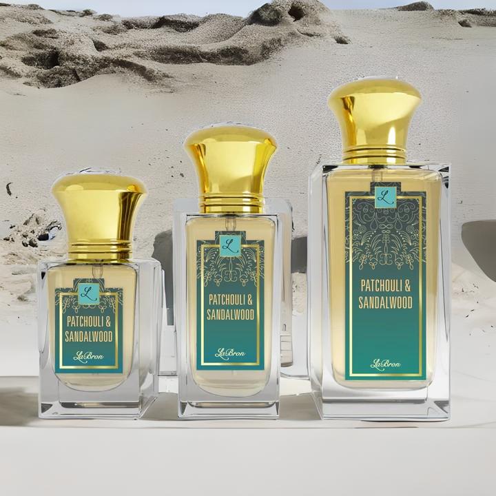 Three Patchouli & Sandalwood products are listed from left to right. Sizes 1 - 3.4 oz shown with a beach sandy background to emphasis the scent.
