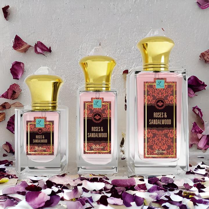 Three Roses and Sandalwood products listed from smallest to biggest and a purple sandalwood roses showcasing in the background.