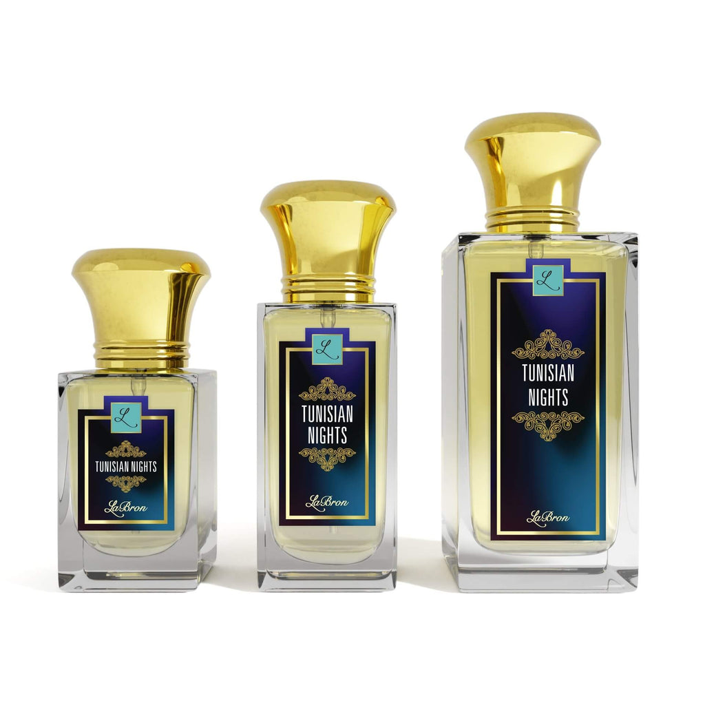 Three Tunisian Nights products captivates a night outgoing scent. This products shows a white background with a blue moroccan label with white lettering.